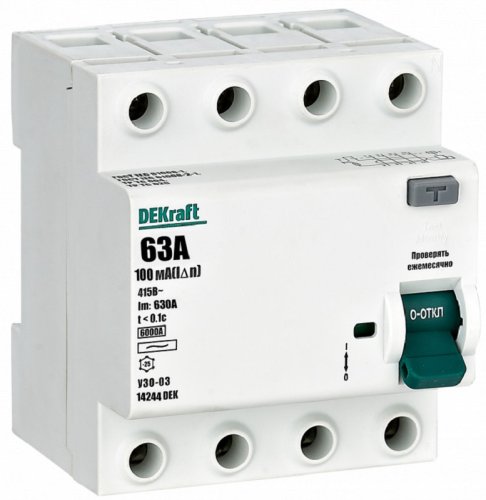 Выключатель дифференциального тока УЗО DeKraft УЗО-03 4п 63А 100мА 6,0кА тип AC  картинка